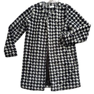 Forever 21 Black White Houndstooth Coat Womens Faux Fur Knee Length Lined Small